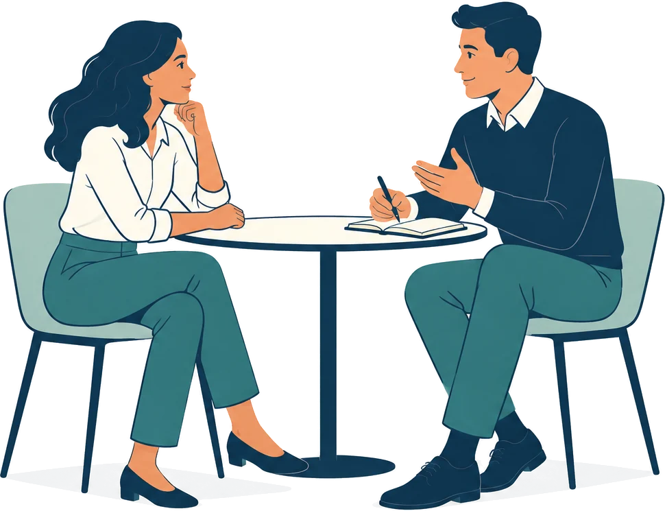 Two people in conversation at a small round table, one taking notes