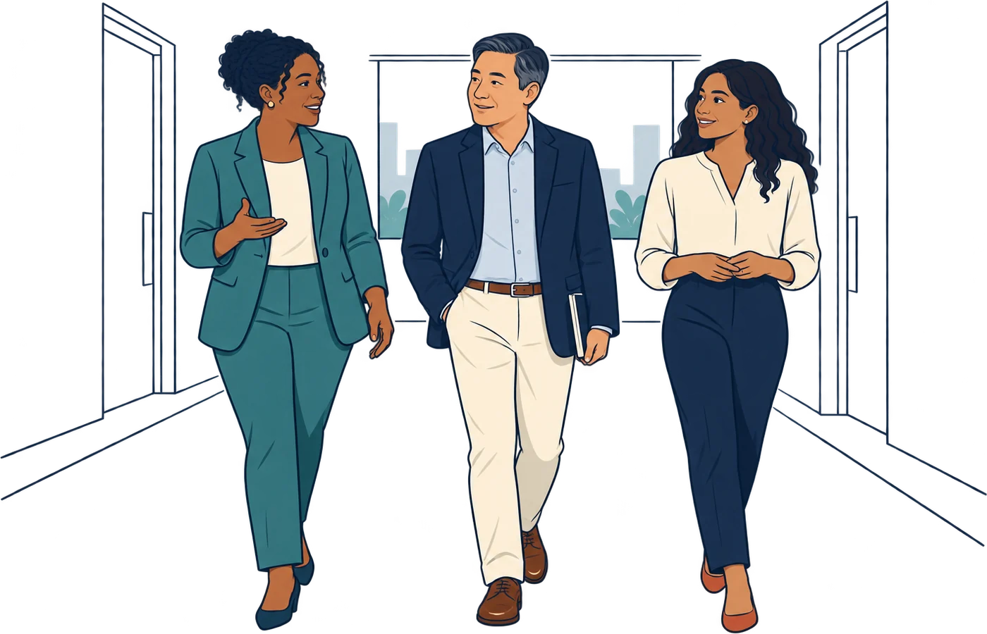 Three colleagues talking as they walk down a hallway together