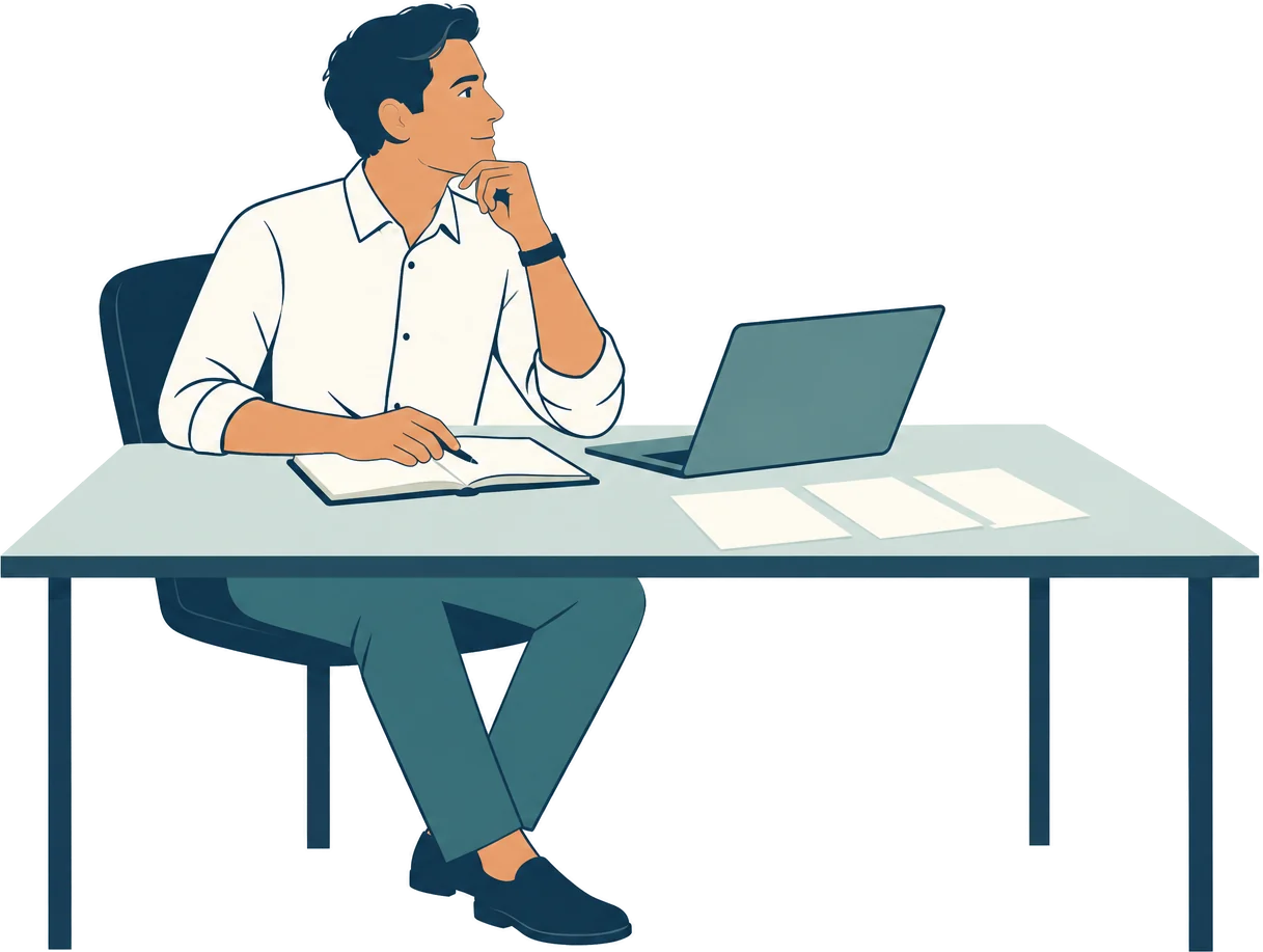 A working adult pausing at a desk beside a laptop and an open notebook, hand at his chin