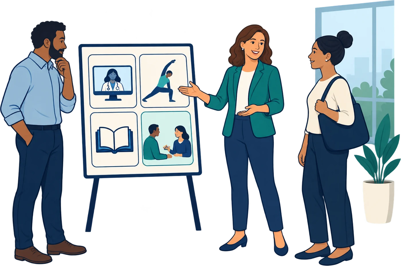 Colleagues at a presentation board showing telehealth, stretching, a book and a coaching conversation