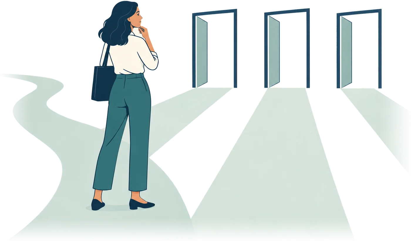 A working adult pausing on a path before three open doorways